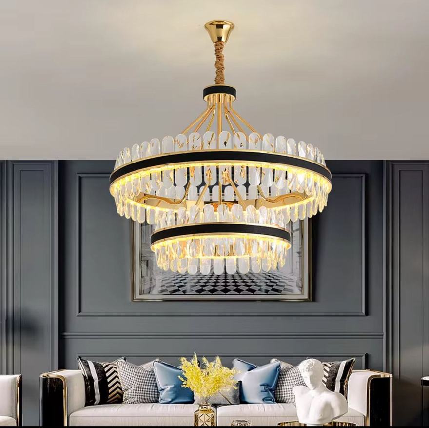 Lustre deux étages or et noir avec cristaux — Watts Energy, matériel électrique Dakar Sénégal