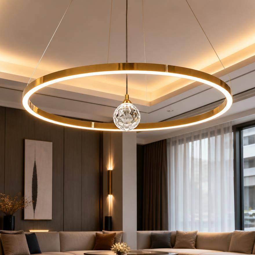 Lustre moderne circulaire avec sphère centrale dorée — Watts Energy, matériel électrique Dakar Sénégal