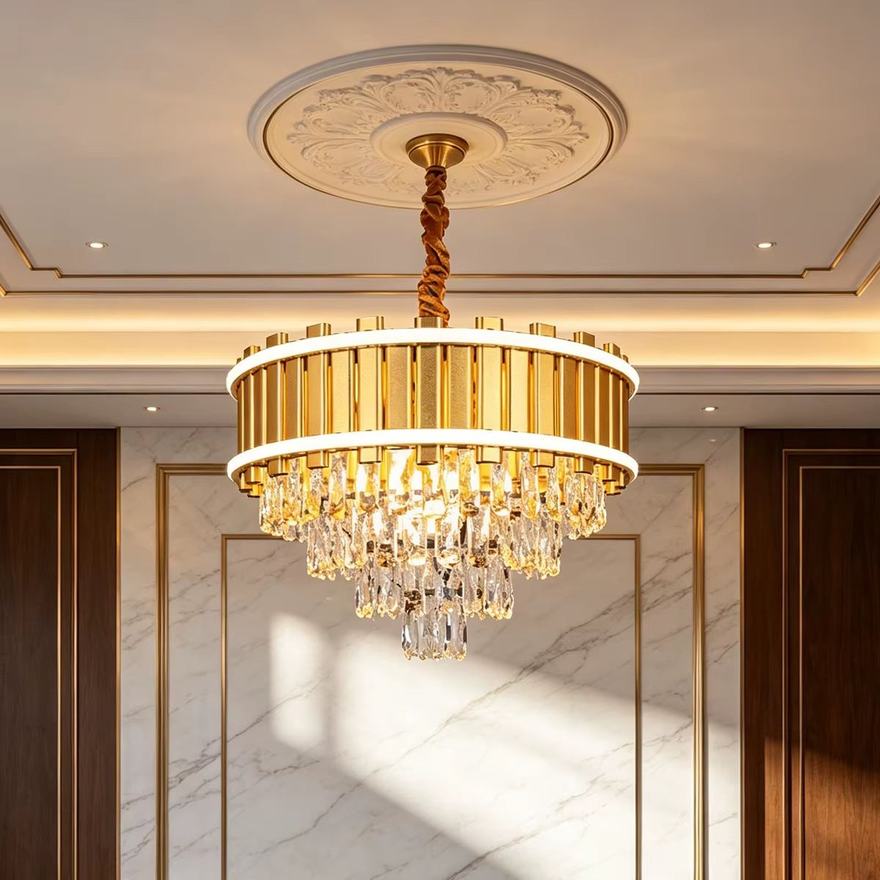 Lustre tambour doré à pampilles cristal — Watts Energy, matériel électrique Dakar Sénégal